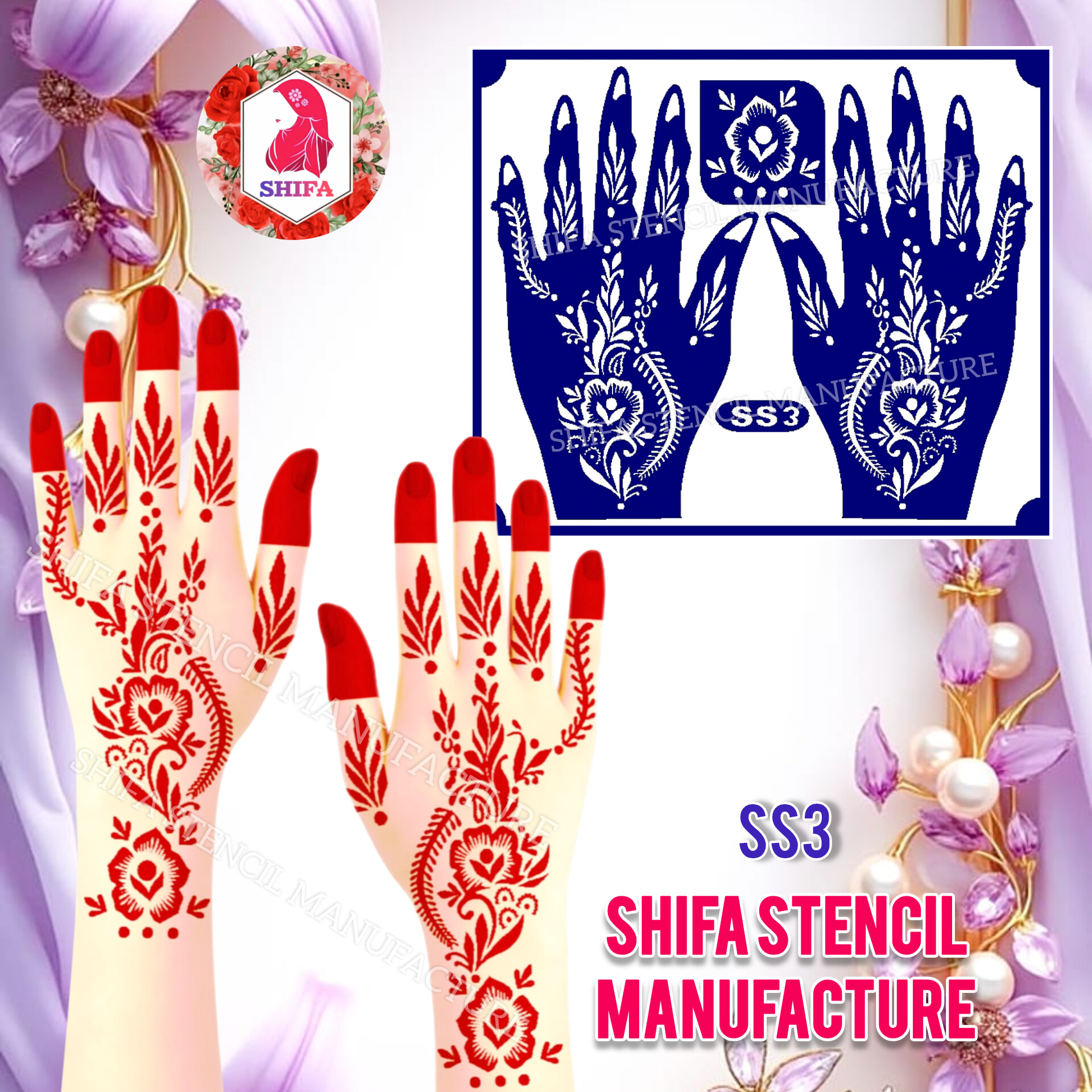 SS3 Unique Floral Patterned Arabic Design  Sticker Overview  Henna Stencil - Shifa Stencil
